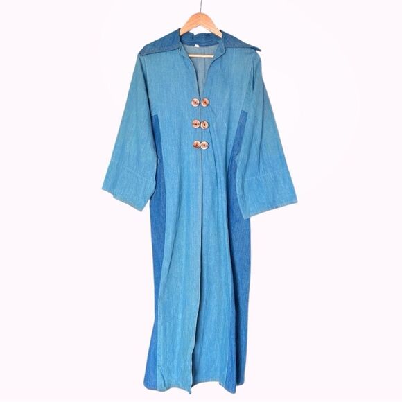 Vintage 70’s Women’s Three Button Blue Denim Maxi Trench Coat Duster - Picture 1 of 9